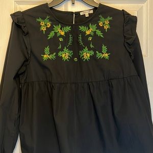 Black Neck Keyhole Back Blouse w/ Floral Embroidery